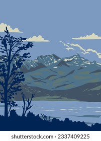 WPA poster art of Tierra del Fuego National Park with Fagnano Lake in the Patagonic Forest and Altos Andes ecoregion of Argentina done in works project administration or Art Deco style.