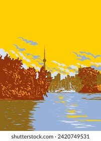 WPA poster art of Toronto Island Park with Toronto city skyline in background on Lake Ontario, Canada done in works project administration or federal art project style.