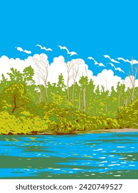 WPA poster art of Toronto Islands Park in Lake Ontario, south of mainland Toronto, Ontario, Canada done in works project administration or federal art project style.