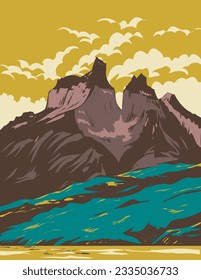 WPA poster art of Torres del Paine National Park from Lake Pehoe in the Chilean Patagonia within Magallanes and Chilean Antarctic Region Chile done in works project administration or Art Deco style.