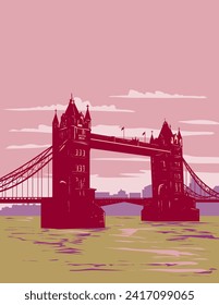 WPA poster art of Tower Bridge from Shad Thames along the south side of the River Thames in London, England UK done in works project administration or art deco style.