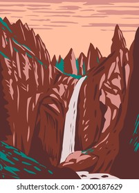 WPA poster art of Tower Fall on Tower Creek located in northeastern Yellowstone National Park, Wyoming United States done in works project administration style or federal art project style.