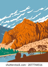 WPA Poster Art Of Tower Rock State Park Entrance To The Missouri River Canyon In The Adel Mountains Volcanic Field In Montana, United States Of America USA Done In Works Project Administration Style.