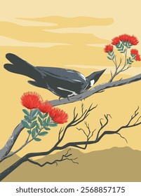 WPA poster art of tui or Prosthemadera novaeseelandiae, a medium-sized bird native to New Zealand perching and feeding on pohutukawa Metrosideros excelsa flower done in works project administration.