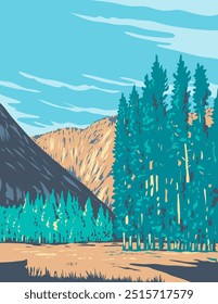 Cartel de arte de la WPA de los prados de Tuolumne en la sección oriental del Parque Nacional de Yosemite, California, Estados Unidos, hecho en estilo de administración de proyectos de obras o estilo de proyectos de arte federal o estilo de proyectos de arte federal.