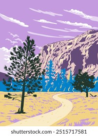 Cartel de arte de la WPA de los prados de Tuolumne en la sección oriental del Parque Nacional de Yosemite, California, Estados Unidos, hecho en estilo de administración de proyectos de obras o estilo de proyectos de arte federal o estilo de proyectos de arte federal.