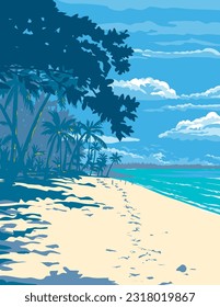 WPA poster art of unspoiled white sand beach in Santa Fe located in Bantayan Island, Cebu in the Visayan Sea, Philippines done in works project administration or Art Deco style.