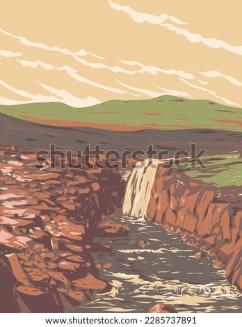 WPA poster art of Upper Sill River Falls in Ukkusiksalik National Park located in Nunavut, Canada south of the Arctic Circle done in works project administration or federal art project style.