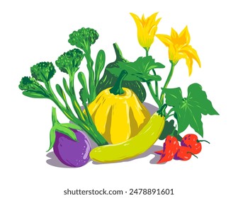 WPA poster art of a vegetable harvest of summer squash, flower, broccolini, yellow straight neck squash, globe eggplant and ghost pepper on white background done in works project administration style.