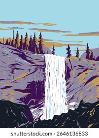 WPA poster art of Vernal Fall, uma cachoeira no rio Merced, no Parque Nacional de Yosemite, Califórnia EUA, visto ao longo da Trilha da Névoa feito em obras de administração de projeto ou estilo de projeto de arte federal.
