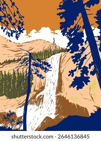 WPA poster art of Vernal Fall, uma cachoeira no rio Merced, no Parque Nacional de Yosemite, Califórnia EUA, visto ao longo da Trilha da Névoa feito em obras de administração de projeto ou estilo de projeto de arte federal.
