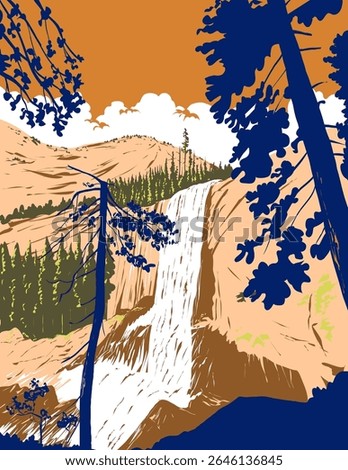 WPA poster art of Vernal Fall, a waterfall on the Merced River in Yosemite National Park, California USA viewed along the Mist Trail done in works project administration or federal art project style.