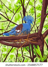 WPA poster art of a Victoria Crowned Pigeon or Goura Victoria nesting on tree in Loloata Island near Port Moresby, Papua New Guinea done in works project administration or federal art project style.