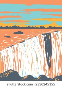 WPA poster art of the Victoria Falls of the Zambezi River, border between Zambia and Zimbabwe in southern Africa done in works project administration or Art Deco style.