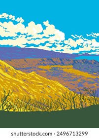 WPA poster art of view from the summit of Diamond Head Crater within Diamond Head State Monument in Hawaii, United States done in works project administration or federal art project style.