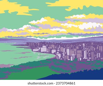 WPA poster art of view of Waikiki District from Diamond Head crater in Honolulu County in the island of Oahu, Hawaii USA in done in works project administration style or federal art project style.