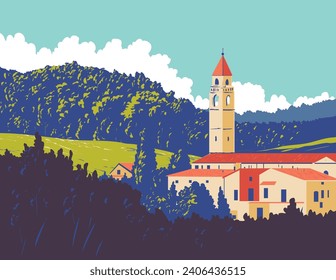 WPA poster art of a village comune in Cerreto Guidi , a Medici town in the Metropolitan City of Florence in Tuscany region of Italy done in works project administration or art deco style.