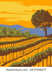 WPA poster art of a vineyard in Sonoma Valley wine region in Sonoma County is in Northern California, United States USA done in works project administration or federal art project style.