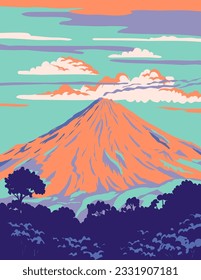 Afiche de WPA de Volcan de Colima o Volcan de Fuego dentro del Complejo Volcánico Colima en Jalisco y Colima, México realizado en la administración de proyectos de obras o estilo Art Deco.