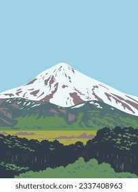 WPA poster art of Volcan Lanin or Lanin Volcano on the border region between Argentina and Chile done in works project administration or Art Deco style.