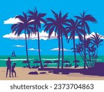WPA poster art of Waikiki beach in Honolulu County in the island of Oahu, Hawaii USA in done in works project administration style or federal art project style.