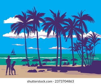 WPA poster art of Waikiki beach in Honolulu County in the island of Oahu, Hawaii USA in done in works project administration style or federal art project style.