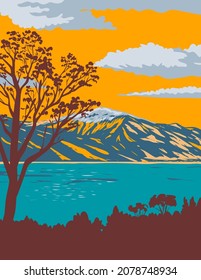 WPA poster art of Washoe Lake State Park on the southeast shore of Washoe Lake in Washoe County in Nevada, United States of America USA done in works project administration style.