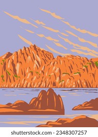 WPA Poster Art von Watson Lake an der Granite Dells in Prescott, Arizona, USA in der Verwaltung von Projekten oder Art Deco Stil getan.