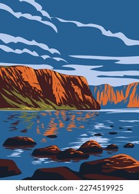 WPA poster art of Western Brook Pond within Gros Morne National Park located on the west coast of Newfoundland, Canada done in works project administration.