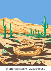 WPA poster art of a western diamondback rattlesnake or Texas diamond-back in Sonoran Desert National Monument, Arizona United States done in works project administration style.