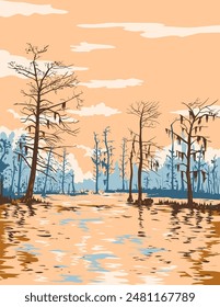 WPA poster art of wetlands in Barataria Preserve within Jean Lafitte National Historical Park, Louisiana USA done in works project administration or federal art project style.