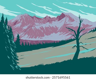 WPA poster art of Wheeler Peak in the Snake Range located in Great Basin National Park in White Pine County, Nevada, United States done in works project administration or federal art project style.