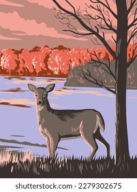 WPA poster art of white tailed deer at Rouge National Urban Park centred around the Rouge River and its tributaries in Greater Toronto Area in Ontario, Canada in works project administration.