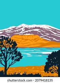 WPA poster art of Wild Horse State Recreation on the northeast shore of Wild Horse Reservoir north of Elko, Nevada United States of America USA done in works project administration style.