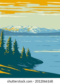 WPA poster art of Yellowstone Lake, the largest body of water located within Yellowstone National Park, Wyoming USA done in works project administration style or federal art project style.