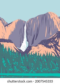 WPA poster art of Yosemite Falls, the highest waterfall in Yosemite National Park located in the Sierra Nevada, California USA done in works project administration style or federal art project style.