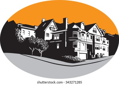 WPA style illustration of an American mansion residential house on a street corner with trees and grass set inside oval shape done in retro style. 