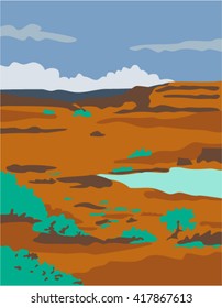 WPA style illustration of a columbian basin desert or arid steppe with water basin lake scenery set inside rectangle shape. 