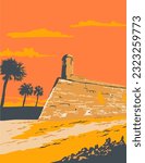 WPA style illustration of Fort Marion in St. Augustine Florida, United States the oldest place of European settlement on the North American Continent done in retro works progress administration style.