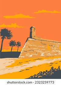 WPA style illustration of Fort Marion in St. Augustine Florida, United States the oldest place of European settlement on the North American Continent done in retro works progress administration style. svg