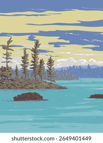 Ilustração em estilo WPA ukiyo-e ou ukiyo do Lago Rainy no Parque Nacional Voyageurs, no norte de Minnesota, EUA, feita em estilo retro.