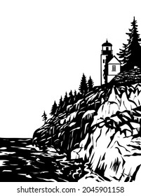 WPA woodcut poster art of Bass Harbor Head Lighthouse in ‎Acadia National Park, Hancock County Maine USA done in works project administration black and white style.