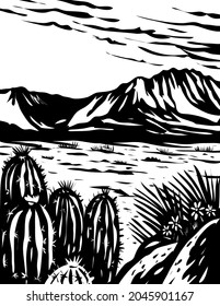 WPA woodcut poster art of the Chihuahuan Desert in Big Bend National Park located in West Texas USA Mexico border done in works project administration black and white style.