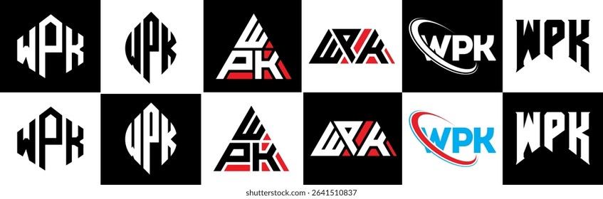 WPK letter logo design in six style. WPK polygon, circle, triangle, hexagon, flat and simple style with black and white color variation letter logo set in one artboard. WPK minimalist and classic logo