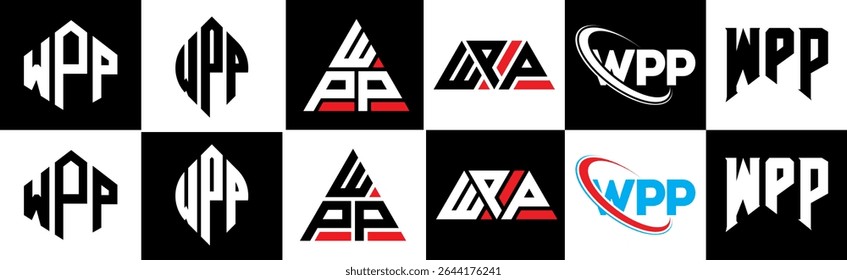 WPP letter logo design in six style. WPP polygon, circle, triangle, hexagon, flat and simple style with black and white color variation letter logo set in one artboard. WPP minimalist and classic logo