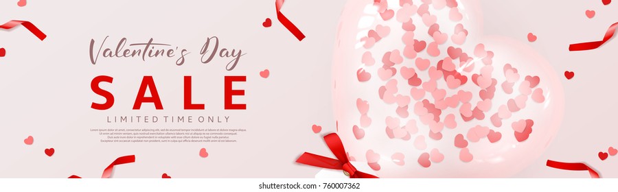 WPromo Banner for Happy Valentine's Day Sale. Beautiful Background with Realistic Transparent Pink Air Balloon with Confetti in the Form of Heart. Vector Illustration with Seasonal Offer.
