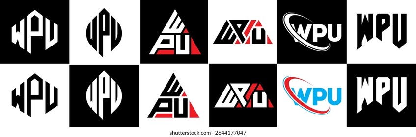 WPU letter logo design in six style. WPU polygon, circle, triangle, hexagon, flat and simple style with black and white color variation letter logo set in one artboard. WPU minimalist and classic logo