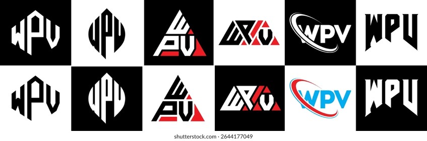 WPV letter logo design in six style. WPV polygon, circle, triangle, hexagon, flat and simple style with black and white color variation letter logo set in one artboard. WPV minimalist and classic logo