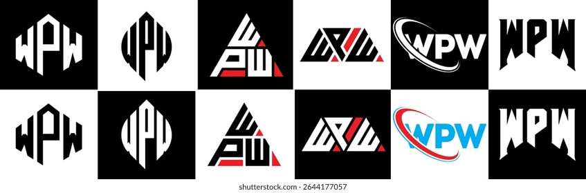 WPW letter logo design in six style. WPW polygon, circle, triangle, hexagon, flat and simple style with black and white color variation letter logo set in one artboard. WPW minimalist and classic logo