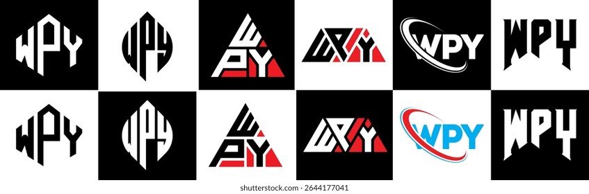 WPY letter logo design in six style. WPY polygon, circle, triangle, hexagon, flat and simple style with black and white color variation letter logo set in one artboard. WPY minimalist and classic logo